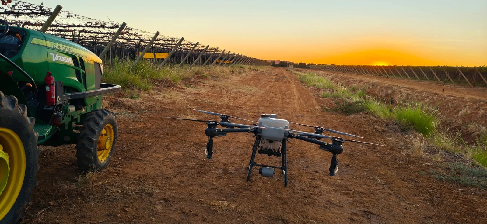 Drone agrícola e trator entre as fileiras de uma plantação ao pôr do sol, em foto enviada pela Flygraph